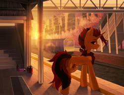 Size: 2585x1970 | Tagged: safe, artist:astralblues, derpibooru import, oc, oc only, oc:selest light, pony, unicorn, eyebrows, high res, horn, looking at you, male, outdoors, platform, solo, stairs, stallion, train, train station, unicorn oc