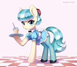 Size: 2264x1956 | Tagged: safe, artist:vinilyart, derpibooru import, coco pommel, earth pony, pony, bowtie, clothes, cocobetes, cute, female, mare, pantyhose, solo, waitress