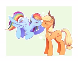 Size: 2048x1638 | Tagged: safe, artist:applesartt, derpibooru import, applejack, rainbow dash, earth pony, pegasus, pony, g4, appledash, applejack's hat, blushing, clothes, cowboy hat, duo, duo female, eyebrows, eyebrows visible through hair, eyes closed, female, flying, freckles, hat, heart, kiss on the lips, kissing, lesbian, mare, shipping, signature, spread wings, wings