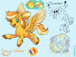 Size: 2000x1500 | Tagged: safe, derpibooru import, applejack, spitfire, oc, earth pony, pegasus, pony, applefire, beach ball, blue background, crack shipping, cutie mark, female, lesbian, magical lesbian spawn, offspring, parent:applejack, parent:spitfire, parents:applefire, ponytail, shipping, simple background, solo