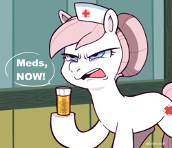 Size: 900x770 | Tagged: safe, artist:talim_stuff, derpibooru import, nurse redheart, earth pony, pony, dialogue, female, frown, hoof hold, mare, narrowed eyes, open mouth, pill bottle, pills, signature, solo, speech bubble