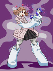 Size: 1662x2217 | Tagged: safe, artist:bastianmage, derpibooru import, part of a series, part of a set, rarity, human, unicorn, abstract background, bondage, commission, crossover, emanata, encased, encasement, female, fetish, figurine, floating heart, haru okumura, heart, hooves, human to pony, inanimate object, inanimate tf, looking at something, melting, open mouth, open smile, persona, persona 5, pose, purple background, raised hoof, raised leg, simple background, smiling, solo, sparkles, species swap, standing, transformation, transformation sequence, vinyl