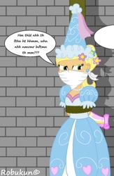 Size: 888x1364 | Tagged: safe, artist:robukun, derpibooru import, edit, applejack, human, equestria girls, angry, applejack also dresses in style, bondage, bound and gagged, cloth gag, clothes, cropped, damsel in distress, dress, ear piercing, flower, flower in hair, froufrou glittery lacy outfit, gag, glare, hat, hennin, jewelry, looking at someone, muffled words, necklace, over the nose gag, piercing, pole tied, princess, princess applejack, solo, tied up