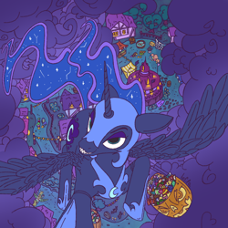 Size: 1000x1000 | Tagged: safe, artist:lef-fa, derpibooru import, nightmare moon, princess luna, alicorn, pony, g4, blue eyes, blue mane, blue tail, cute, digital art, ethereal mane, ethereal tail, fangs, feather, female, flowing mane, flowing tail, flying, helmet, hoof shoes, lidded eyes, mare, nicemare moon, night, nightmare night, open mouth, open smile, peytral, ponyville, pumpkin, pumpkin bucket, shapeshifting, sky, smiling, solo, spread wings, starry mane, starry tail, tail, teeth, tree, water, wings