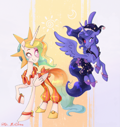 Size: 2451x2600 | Tagged: safe, artist:askometa, derpibooru import, princess celestia, princess luna, alicorn, pony, black sclera, clothes, cosplay, costume, duo, female, five nights at freddy's, five nights at freddy's: security breach, glowing, glowing eyes, high res, looking at each other, looking at someone, mare, royal sisters, siblings, signature, sisters, spread wings, sun and moon (five nights at freddy's), wings