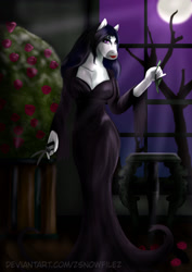 Size: 1024x1449 | Tagged: safe, artist:zsnowfilez, derpibooru import, oc, oc:belladonna nightshade, anthro, clothes, costume, dress, morticia addams, nightmare night costume, solo