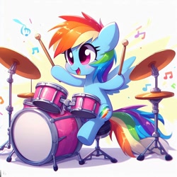 Size: 1024x1024 | Tagged: safe, ai content, derpibooru exclusive, derpibooru import, machine learning generated, rainbow dash, pegasus, pony, cute, drum kit, drums, drumsticks, female, filly, filly rainbow dash, foal, musical instrument, prompter:twdkek, simple background, white background, wrong cutie mark, younger