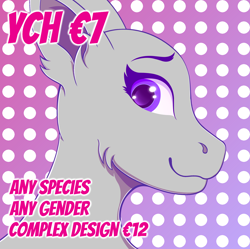 Size: 2512x2505 | Tagged: safe, artist:autumnsfur, derpibooru import, oc, oc only, pony, commission, hairless, looking at someone, purple eyes, side view, simple background, smiling, text, your character here