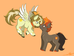 Size: 3072x2304 | Tagged: safe, artist:duckyia, derpibooru import, oc, alicorn, unicorn, boop, couple, cute, flying, noseboop, orange background, simple background