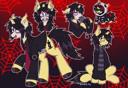 Size: 2970x2061 | Tagged: safe, artist:mxmx fw, derpibooru import, bat pony, hybrid, pony, unicorn, bat pony unicorn, belt, broken horn, clothes, dyed mane, emo, eyeliner, fangs, gerard way, hoof polish, horn, looking at you, makeup, male, messy mane, microphone, my chemical romance, ponified, smiling, smiling at you, solo, species swap, stallion, sunglasses, three cheers for sweet revenge