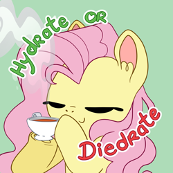 Size: 3319x3319 | Tagged: safe, artist:cutepencilcase, derpibooru import, fluttershy, pegasus, pony, cup, cute, eyes closed, female, happy, mare, shyabetes, smiling, solo, steam, teacup