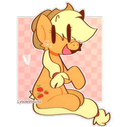 Size: 2000x2000 | Tagged: safe, artist:lyladestructs, derpibooru import, applejack, earth pony, pony, blush lines, blushing, cute, eye clipping through hair, female, hat, jackabetes, looking at you, open mouth, raised hoof, raised leg, simple background, sitting, smiling, smiling at you, solo