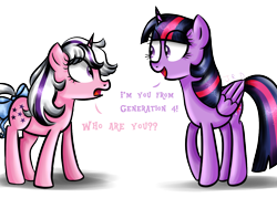 Size: 1216x870 | Tagged: safe, artist:technoponywardrobe, derpibooru import, twilight, twilight sparkle, twilight sparkle (alicorn), alicorn, pony, unicorn, g1, g4, 40th anniversary, bow, duo, duo female, female, g1 to g4, generation leap, generational ponidox, happy birthday mlp:fim, horn, lighting, looking at each other, looking at someone, mare, mlp fim's thirteenth anniversary, multiverse, open mouth, open smile, raised hoof, raised leg, shading, simple background, smiling, surprised, text, transparent background