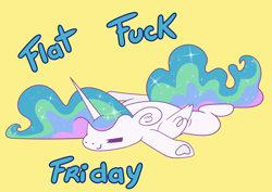 Size: 7016x4961 | Tagged: safe, artist:cutepencilcase, derpibooru import, princess celestia, alicorn, pony, absurd resolution, eyes closed, flat fuck friday, flop, friday, lying down, majestic as fuck, meme, prone, simple background, smiling, solo, sploot, vulgar, yellow background