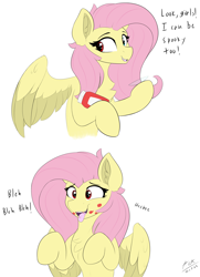 Size: 2900x4000 | Tagged: safe, artist:astrum, derpibooru import, fluttershy, pegasus, pony, bottle, chest fluff, clothes, contact lens, costume, cute, cute little fangs, dialogue, digital art, ear fluff, ears, fangs, food, giggling, halloween, halloween costume, holding, holiday, ketchup, nightmare night, offscreen character, open mouth, open smile, red eyes, sauce, simple background, smiling, solo, spread wings, talking, tongue, tongue out, white background, wings