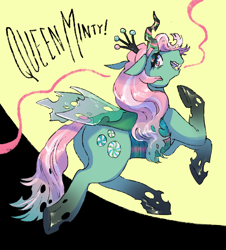 Size: 2048x2266 | Tagged: safe, artist:poniesart, derpibooru import, minty, queen chrysalis, changeling, changeling queen, pony, g3, changeling hybrid, changelingified, eyeshadow, fusion, fusion:minty, fusion:queen chrysalis, gradient horn, gradient legs, gradient mane, gradient tail, horn, looking at you, looking back, looking back at you, makeup, open mouth, sharp teeth, smiling, solo, species swap, striped horn, tail, teeth