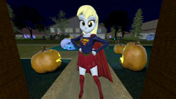 Size: 1920x1080 | Tagged: safe, artist:oatmeal!, derpibooru import, derpy hooves, human, equestria girls, 3d, accessory swap, bone, boots, cape, clothes, costume, dc comics, decoration, gmod, grin, halloween, halloween costume, hand on hip, holiday, jack-o-lantern, looking at you, night, pumpkin, shoes, skeleton, skirt, smiling, solo, spread legs, spreading, supergirl, superhero, superhero costume, superman, trick or treat