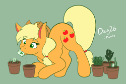 Size: 2048x1365 | Tagged: safe, artist:mscolorsplash, derpibooru import, applejack, earth pony, pony, female, green background, mare, mouth hold, plant, planting, ponytober, seeds, simple background, solo