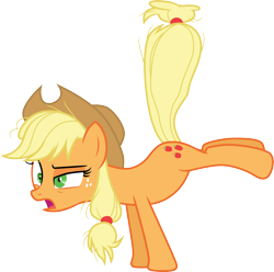 Size: 3030x3000 | Tagged: safe, alternate version, artist:cloudy glow, derpibooru import, applejack, earth pony, pony, 28 pranks later, applejack's hat, bucking, clothes, cowboy hat, female, hair tie, hat, high res, mare, messy mane, messy tail, open mouth, simple background, solo, tail, tail tie, transparent background, vector