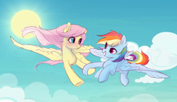 Size: 2651x1536 | Tagged: safe, artist:congqianyouyizhimieheyizhiawu, derpibooru import, fluttershy, rainbow dash, pegasus, pony, blushing, cloud, duo, duo female, female, flutterdash, flying, holding hooves, lesbian, looking at each other, looking at someone, mare, shipping, smiling, smiling at each other, sun