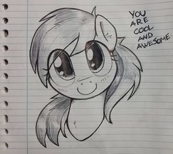 Size: 1038x923 | Tagged: safe, artist:whiskeypanda, derpibooru import, rainbow dash, pegasus, pony, blushing, bust, cute, dialogue, ink drawing, lined paper, looking at you, smiling, smiling at you, solo, traditional art