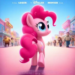 Size: 1024x1024 | Tagged: safe, ai content, derpibooru import, machine learning generated, pinkie pie, earth pony, human, pony, ai disney poster, balloonbutt, butt, disney, female, loser, meme, poster, prompter:pinkiepiepics, rear view, smiling, solo