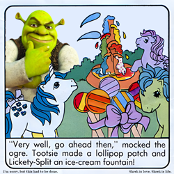 Size: 600x600 | Tagged: safe, edit, lickety split, majesty, tootsie, earth pony, ogre, pony, unicorn, comic:my little pony (g1), g1, dialogue, emanata, female, ice cream, lollipop, male, mare, shrek, shrek is love shrek is life, the ogre's circle