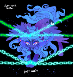 Size: 971x1021 | Tagged: safe, artist:batthsalts, derpibooru import, princess luna, alicorn, pony, g4, angry, black background, chained, chains, cuffed, ethereal hair, ethereal mane, ethereal tail, female, horn cuff, looking at you, looking up, looking up at you, mare, simple background, solo, sparkles, spread wings, starry hair, starry mane, starry tail, stars, tail, text, wings