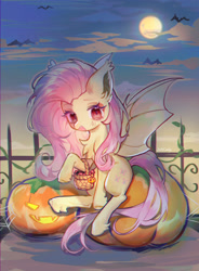 Size: 3215x4362 | Tagged: safe, artist:jelly-candy, artist:twiligh44097152, derpibooru import, fluttershy, bat, bat pony, pony, g4, basket, bat ears, bat ponified, bat wings, candy, chest fluff, cute, eyebrows, fangs, female, flutterbat, food, full moon, halloween, high res, holiday, jack-o-lantern, looking at you, mare, moon, open mouth, outdoors, pumpkin, race swap, shyabates, shyabetes, signature, solo, spread wings, wings
