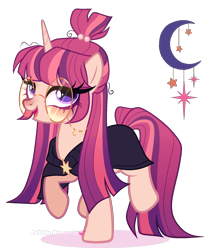 Size: 1512x1777 | Tagged: safe, artist:gihhbloonde, derpibooru import, oc, oc only, cape, clothes, glasses, glasses chain, gradient mane, gradient tail, lightly watermarked, magical lesbian spawn, offspring, open mouth, parent:moondancer, parent:twilight sparkle, parents:twidancer, purple eyes, raised hoos, round glasses, simple background, smiling, solo, standing, tail, transparent background, unnamed oc, watermark