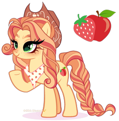 Size: 1399x1417 | Tagged: safe, artist:gihhbloonde, derpibooru import, oc, oc only, earth pony, adoptable, braid, braided tail, closed mouth, cowboy hat, female, freckles, green eyes, hat, lightly watermarked, magical lesbian spawn, mare, neckerchief, offspring, parent:applejack, parent:strawberry sunrise, parents:applerise, raised hoof, raised leg, simple background, smiling, solo, standing, stetson, tail, transparent background, unnamed oc, watermark