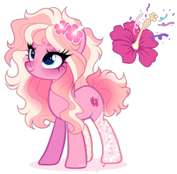 Size: 1972x1933 | Tagged: safe, artist:gihhbloonde, derpibooru import, oc, oc only, earth pony, pony, adoptable, clothes, cyan eyes, eyes closed, female, flower, gradient mane, gradient tail, hibiscus, lightly watermarked, magical lesbian spawn, mare, offspring, parent:lily valley, parent:pinkie pie, parents:lilypie, simple background, smiling, socks, solo, standing, stockings, tail, thigh highs, transparent background, unnamed oc, watermark