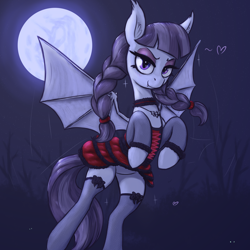 Size: 3000x3000 | Tagged: safe, alternate version, artist:t72b, derpibooru import, inky rose, bat pony, pegasus, pony, undead, vampire, vampony, g4, alternate clothes, bat ponified, bat wings, bedroom eyes, braid, choker, clothes, dress, fangs, female, flying, frilly dress, gothic, jewelry, lidded eyes, looking at you, mare, moon, necklace, night, race swap, slit eyes, socks, solo, stars, stockings, thigh highs, wings
