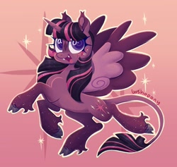 Size: 2048x1942 | Tagged: safe, artist:bishopony, derpibooru import, twilight sparkle, twilight sparkle (alicorn), alicorn, classical unicorn, pony, blush scribble, blushing, cloven hooves, cute, cute little fangs, fangs, female, gradient background, horn, leonine tail, mare, open mouth, open smile, signature, smiling, solo, spread wings, twiabetes, unshorn fetlocks, wings