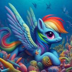 Size: 1024x1024 | Tagged: safe, ai content, derpibooru import, generator:dall-e 3, machine learning generated, rainbow dash, fish, pegasus, pony, angelfish, coral, detailed, ocean, solo, underwater, water