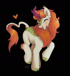Size: 1827x1985 | Tagged: safe, artist:g4bby, derpibooru import, autumn blaze, kirin, awwtumn blaze, black background, blushing, cloven hooves, cute, eyebrows, eyebrows visible through hair, eyes closed, female, happy, heart, leonine tail, open mouth, open smile, signature, simple background, smiling, solo, tail, unshorn fetlocks