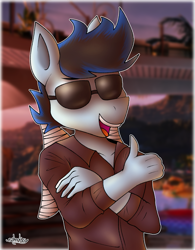 Size: 957x1230 | Tagged: safe, artist:nehmkey, derpibooru import, oc, oc only, oc:snuggle sparkle pony, anthro, pegasus, clothes, costume, johnny cage, male, mortal kombat, solo, sunglasses