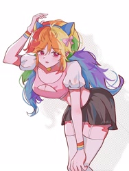 Size: 2166x2886 | Tagged: safe, artist:xinjinjumin8460028, derpibooru import, rainbow dash, human, equestria girls, bow, breasts, cat ears, clothes, female, hair bow, open mouth, simple background, skirt, solo, stockings, thigh highs, white background