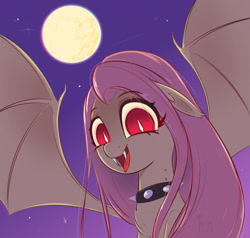 Size: 1000x952 | Tagged: safe, artist:inkypuso, derpibooru import, fluttershy, bat pony, pony, bat ponified, bite mark, bust, choker, cute, ears, fangs, female, floppy ears, flutterbat, full moon, looking at you, mare, mare in the moon, moon, night, open mouth, open smile, race swap, shyabates, shyabetes, smiling, smiling at you, solo, spiked choker, spread wings, wings