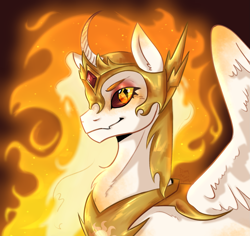 Size: 1907x1797 | Tagged: safe, artist:bennythebunny95, derpibooru import, daybreaker, alicorn, pony, g4, black sclera, bust, curved horn, female, horn, looking at you, mane of fire, mare, slit eyes, smiling, solo