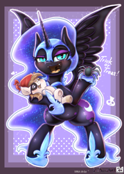 Size: 2162x3017 | Tagged: safe, artist:phoenixrk49, derpibooru import, nightmare moon, pipsqueak, alicorn, earth pony, pony, spider, clothes, colt, costume, duo, duo male and female, female, foal, halloween, high res, holding, holding a pony, holiday, male, mare, nightmare night, nightmare night costume, open mouth, open smile, pirate costume, signature, smiling, trick or treat