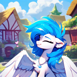 Size: 3072x3072 | Tagged: safe, ai content, derpibooru import, generator:purplesmart.ai, generator:stable diffusion, machine learning generated, oc, oc only, oc:sky slicer, pegasus, pony, blue mane, eyes closed, female, heart, jewelry, mare, messy mane, necklace, pegasus oc, prompt in description, prompter:skyslicer, smiling, solo, white body