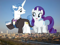 Size: 1600x1200 | Tagged: safe, artist:dashiesparkle, derpibooru import, edit, editor:jaredking779, fancypants, rarity, pony, unicorn, beijing, bowtie, china, duo, facial hair, female, giant pony, giantess, highrise ponies, irl, macro, male, mare, monocle, moustache, photo, ponies in real life, stallion, story included, unshorn fetlocks