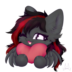 Size: 2048x2048 | Tagged: safe, artist:squirrel, derpibooru import, oc, oc:se solar eclipse, pegasus, pony, cheek fluff, cute, ear fluff, ears, fluffy, happy, heart, holding, in love, one eye closed, open mouth, pegasus oc, pony oc, puppy dog eyes, simple background, solo, spread wings, sticker, white background, wings