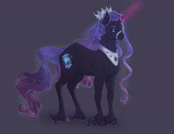 Size: 2048x1583 | Tagged: safe, artist:sawolhost, derpibooru import, oc, oc only, oc:serenade nebula, pony, unicorn, bio in description, crown, ethereal mane, female, gray background, hybrid oc, jewelry, magic, mare, peytral, regalia, simple background, solo, starry mane, unshorn fetlocks