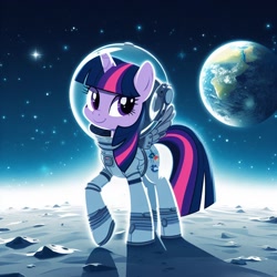 Size: 1024x1024 | Tagged: safe, ai content, derpibooru import, generator:bing image creator, generator:dall-e 3, machine learning generated, twilight sparkle, twilight sparkle (alicorn), alicorn, pony, astronaut, earth, female, mare, moon, rock, scenery, solo, space, space helmet, spacesuit, spread wings, tail, wings