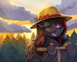 Size: 2602x2100 | Tagged: safe, artist:freak-side, derpibooru import, oc, oc only, oc:se solar eclipse, pegasus, pony, background, beautiful, bow, chest fluff, cloud, complex background, cute, cute pony, ear fluff, ears, female, fluffy, folded wings, forest, forest background, hat, nature, one eye closed, pegasus oc, pony oc, scooter, solo, spruce tree, sun hat, sunset, tree, watch, wings, wristwatch