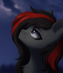 Size: 1920x2219 | Tagged: safe, artist:alunedoodle, derpibooru import, oc, oc only, oc:se solar eclipse, pegasus, pony, beautiful, chest fluff, ear fluff, ears, fluffy, looking up, night, night sky, pegasus oc, pony oc, simple background, sky, smiling, solo, stargazing, stars