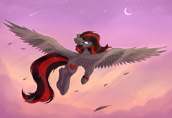 Size: 3200x2200 | Tagged: safe, artist:kripta-00, derpibooru import, oc, oc only, oc:se solar eclipse, bird, pegasus, pony, chest fluff, crescent moon, determined, determined look, ear fluff, ears, feather, female, fluffy, flying, leg fluff, mare, moon, night, night sky, pegasus oc, pony oc, shooting star, simple background, sky, sky background, smiling, solo, spread wings, stars, watch, wing fluff, wings, wristwatch