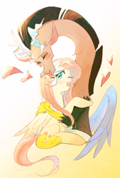 Size: 2480x3679 | Tagged: safe, artist:sadistjolt, derpibooru import, part of a set, discord, fluttershy, draconequus, pegasus, pony, to where and back again, blushing, discoshy, female, heart, hug, male, mare, shipping, straight